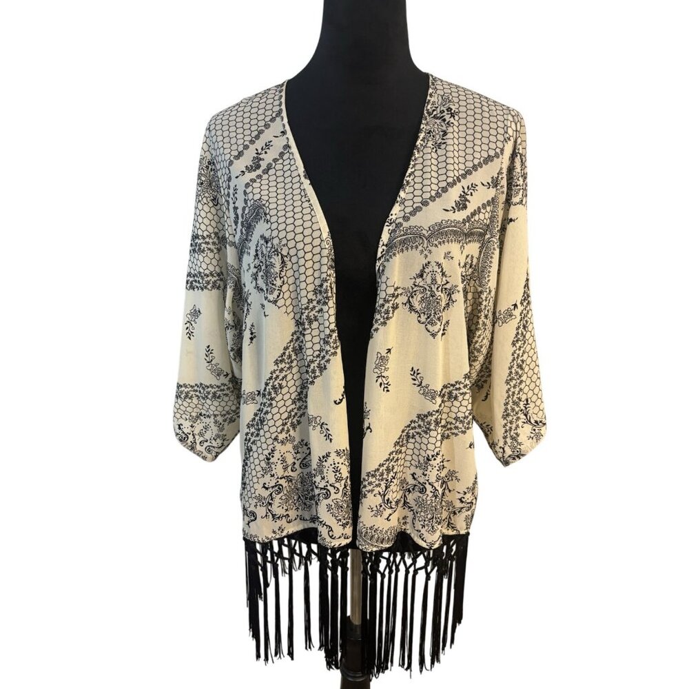 Boho Open Front Kimono With Black Fringe Trim & Floral Print Ivory & Black Light - Picture 11 of 11